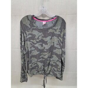 No Boundaries Womens XXL 2XG Green Camo Long Sleeve Front Tie Top Raglan Knit